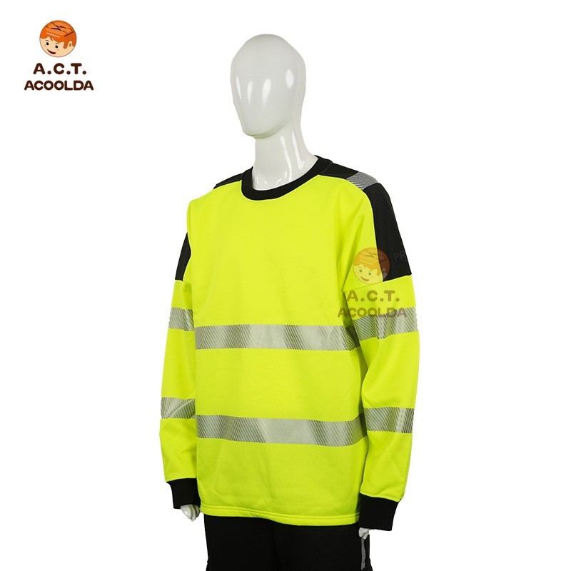 long sleeve reflective shirt, crew neck safety shirt, reflective waist stripe work shirt, courier uniform shirt wholesale, custom logo reflective shirt, bulk hi-vis crew neck shirt, OEM reflective long sleeve shirt, delivery rider reflective clothing
