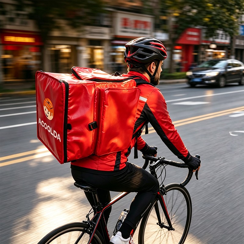 64L insulated food delivery backpack, ACD-B-080 delivery bag, square food delivery backpack, 500D PVC delivery backpack, restaurant fleet delivery bag, franchise delivery backpack, red courier backpack, takeaway delivery backpack, food delivery bag f