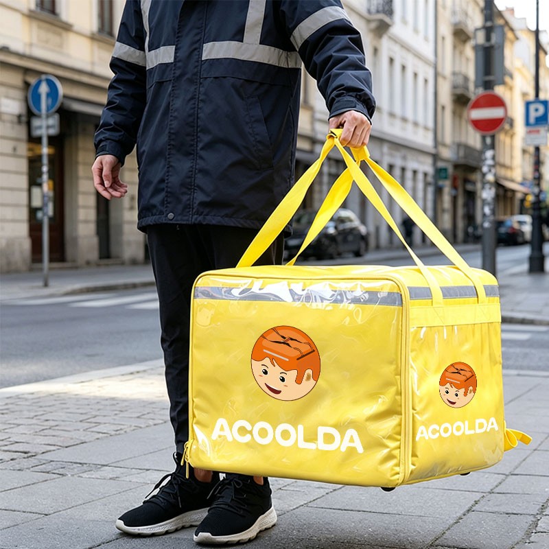 insulated food delivery backpack, 64L delivery backpack, B-050 delivery bag, convertible food delivery bag, hand carry delivery backpack, yellow delivery backpack, thermal takeaway bag, restaurant courier backpack, easy clean delivery bag, aluminum f